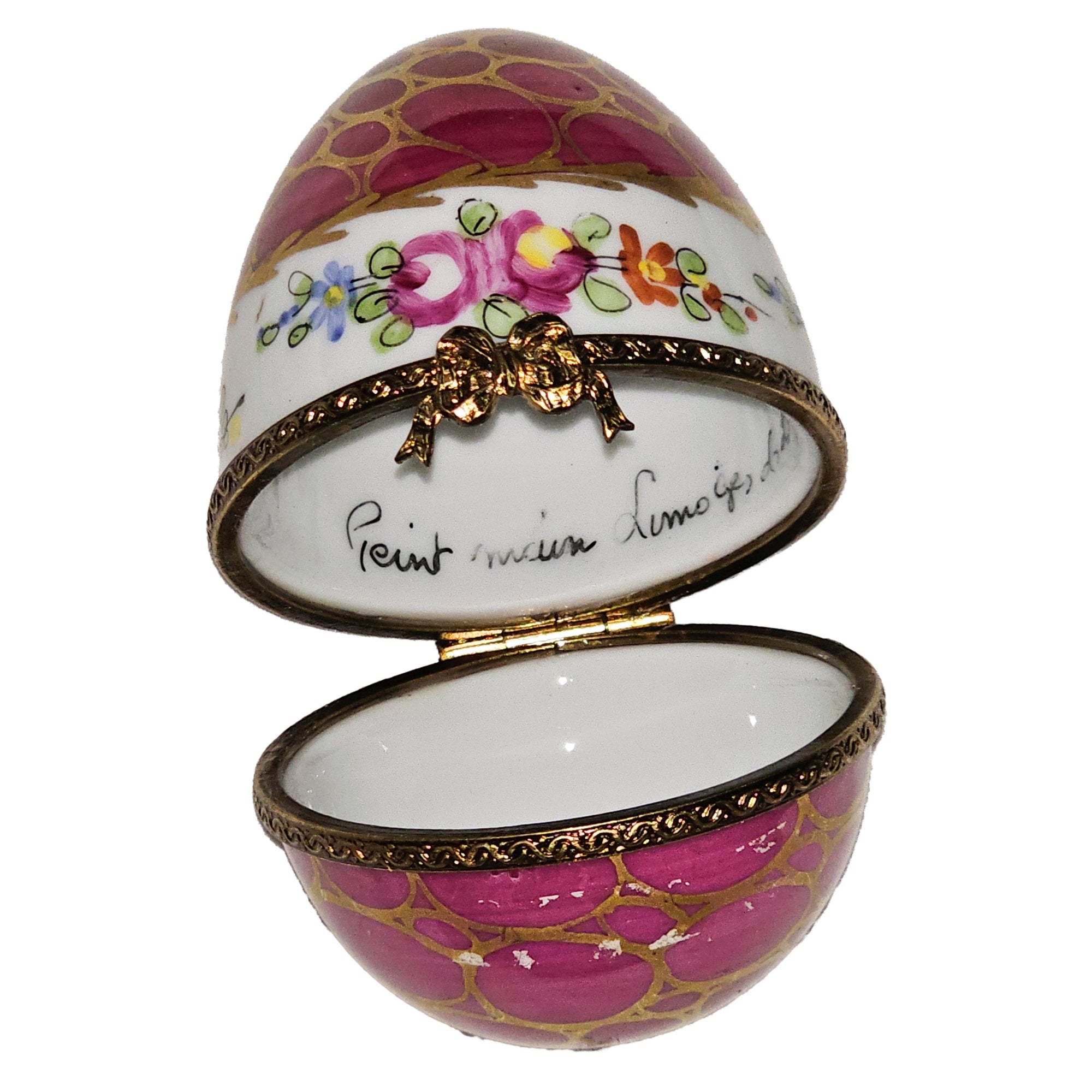 Maroon Floral Egg Treasure Porcelain Limoges egg French Trinket Box
