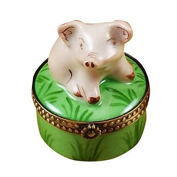 Mini Pig on Green Base Porcelain Limoges farm animals French Trinket Box