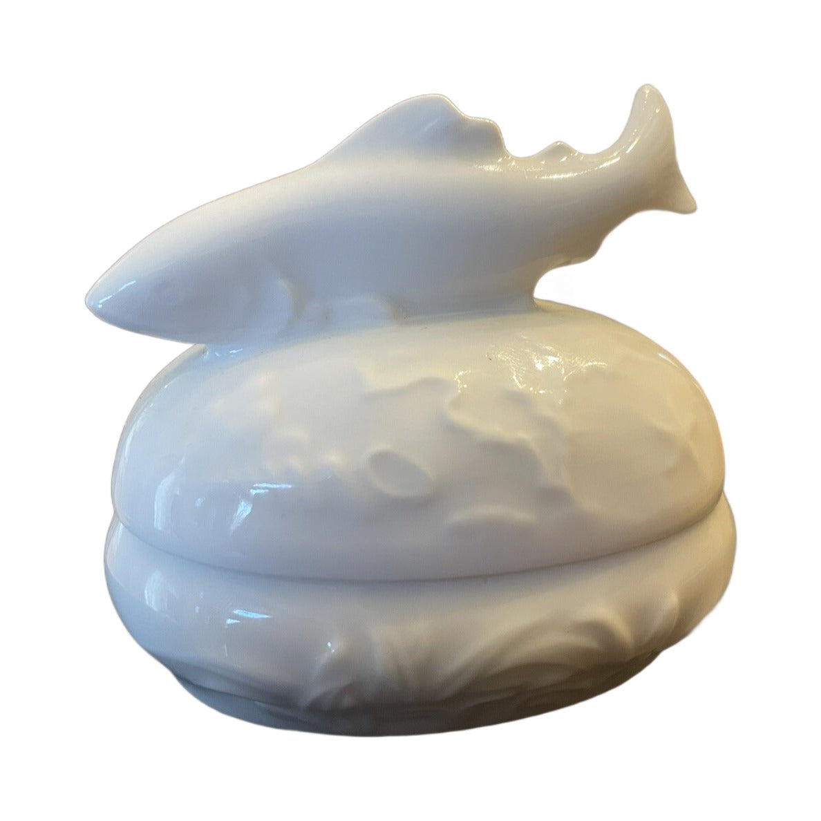 White Fish Limoges Box No Hinge - white Limoges porcelain box with no hinge, made in France