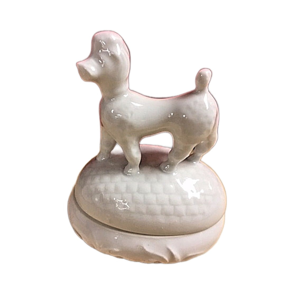 White French Poodle Limoges Box No Hinge - white Limoges porcelain box with no hinge, made in France