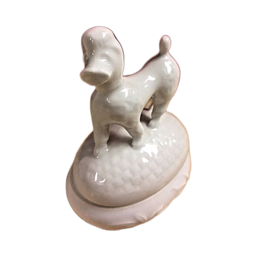 White French Poodle Limoges Box No Hinge - white Limoges porcelain box with no hinge, made in France