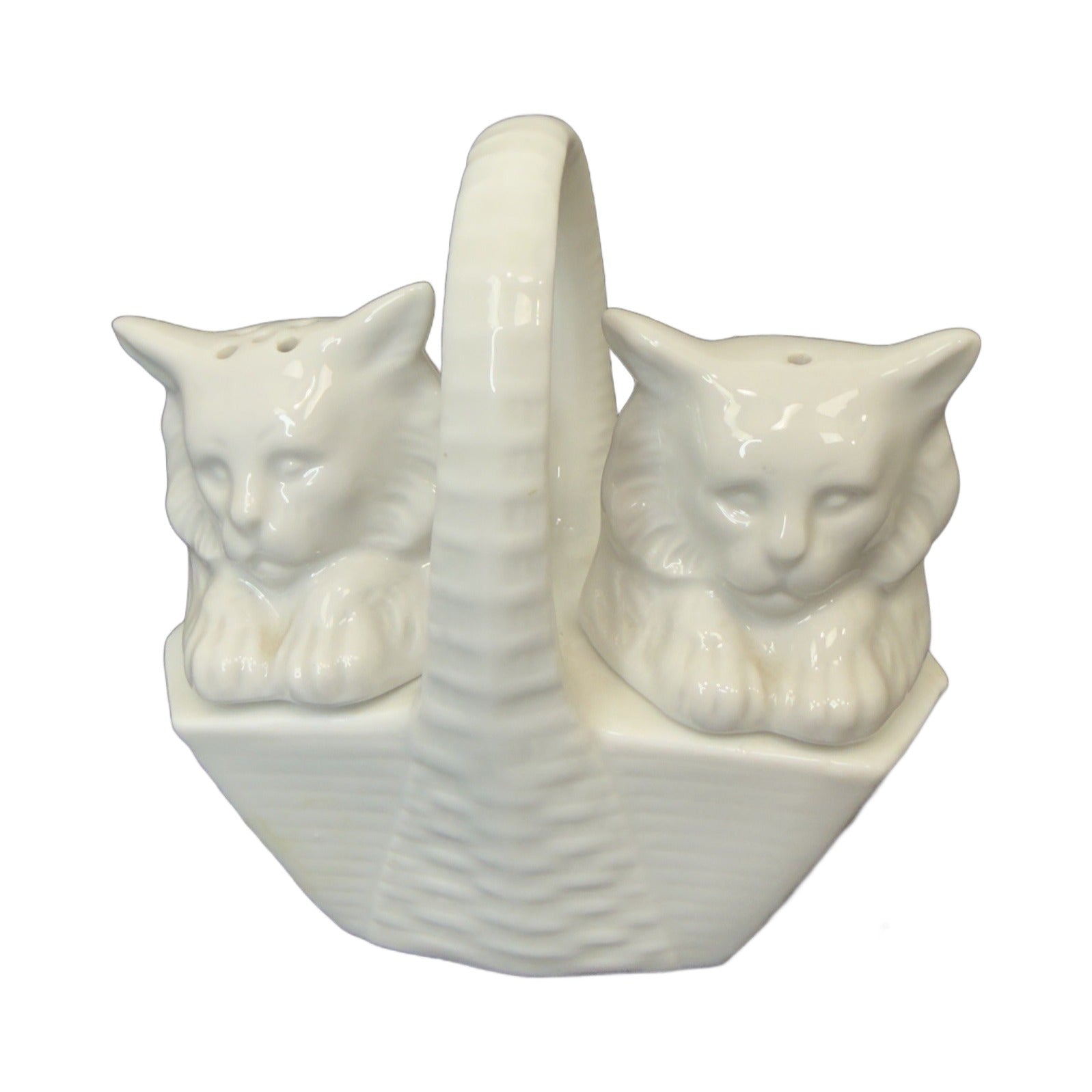 White Two Cats in a Basket Limoges Box No Hinge - white Limoges porcelain box with no hinge, made in France