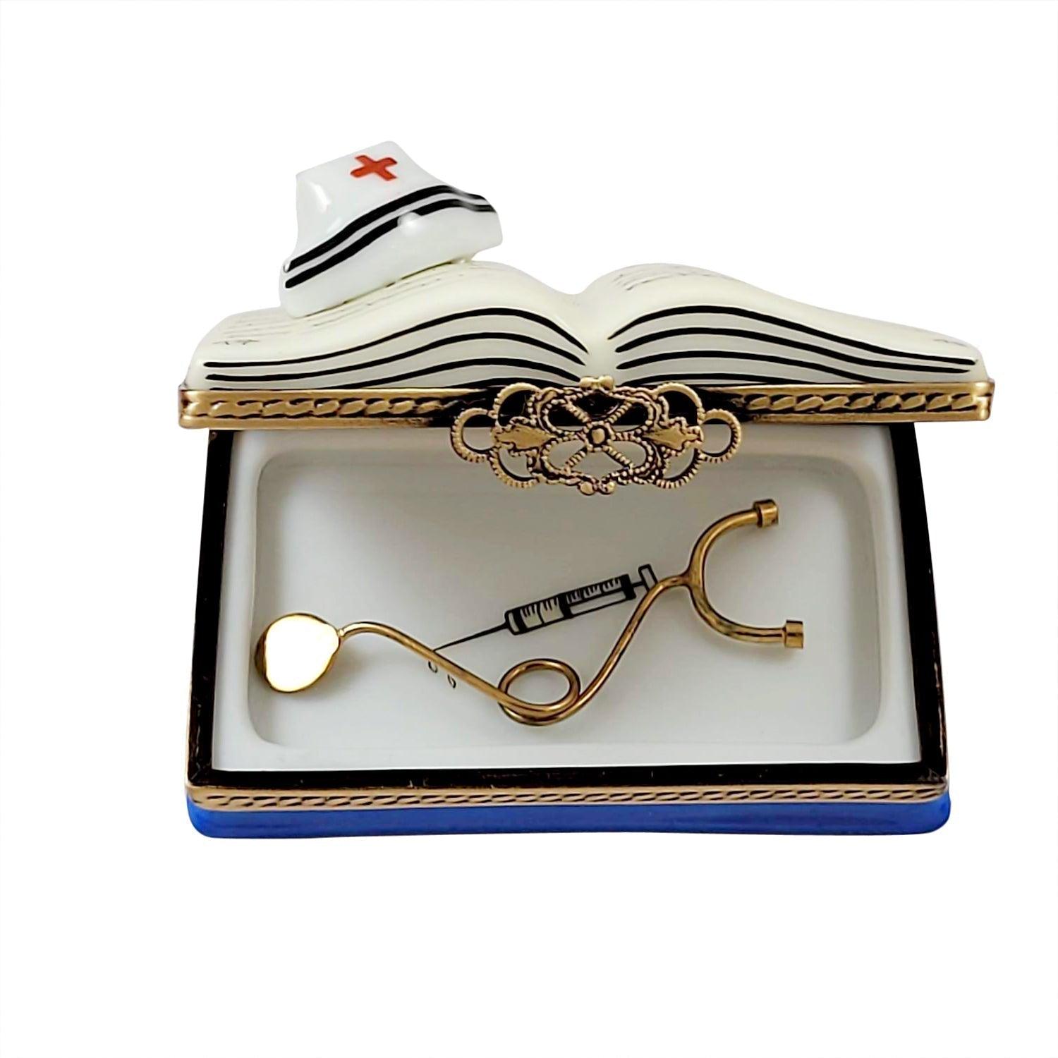 Nursing Book with Stethoscope Porcelain Limoges book professional French Trinket Box