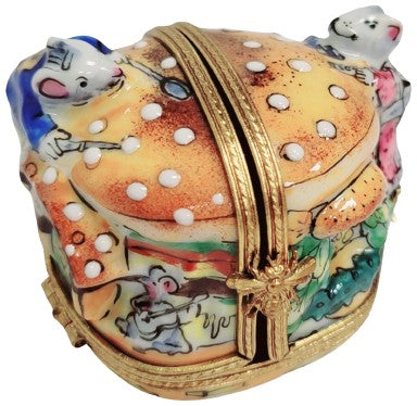 3 Hinged Mice House Eating Cheeseburger Rare Limoges Box Porcelain Figurine-food LIMOGES BOXES mice-CH3S356