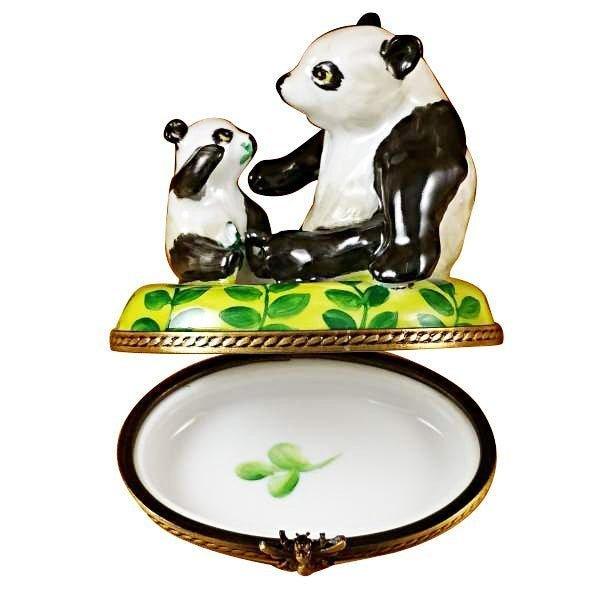 Panda and Cub Porcelain Limoges wild animals bear French Trinket Box