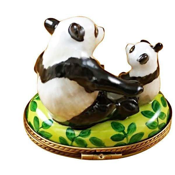 Panda and Cub Porcelain Limoges wild animals bear French Trinket Box