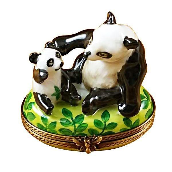 Panda and Cub Porcelain Limoges wild animals bear French Trinket Box
