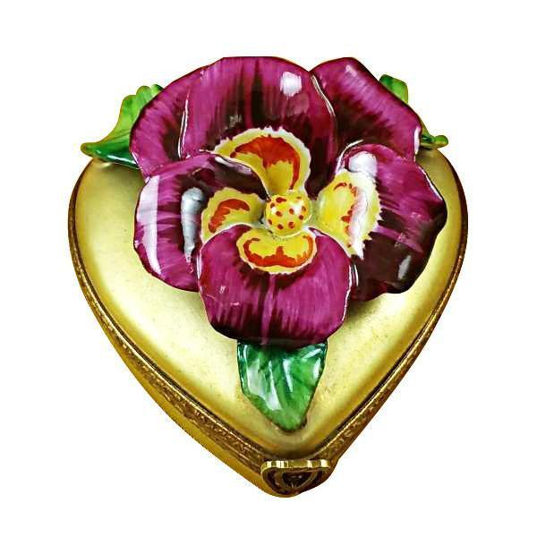 Pansy On Gold Heart Porcelain Limoges heart garden mother Rochard Limoges Box love valentine French Trinket Box