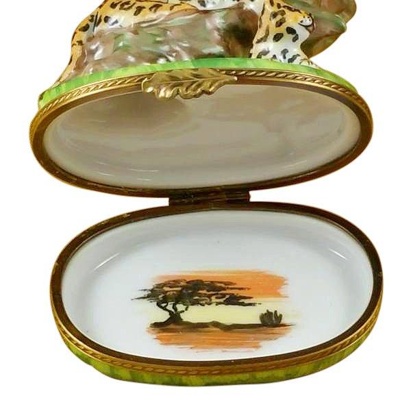 Panther with Baby Porcelain Limoges cat wild animals French Trinket Box