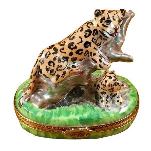 Panther with Baby Porcelain Limoges cat wild animals French Trinket Box