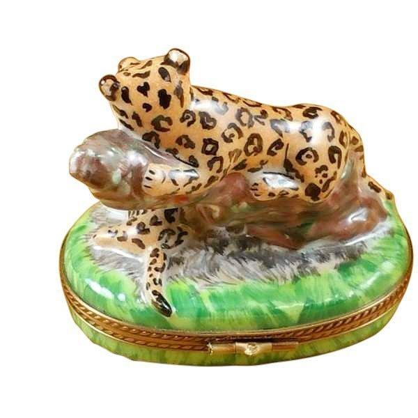 Panther with Baby Porcelain Limoges cat wild animals French Trinket Box