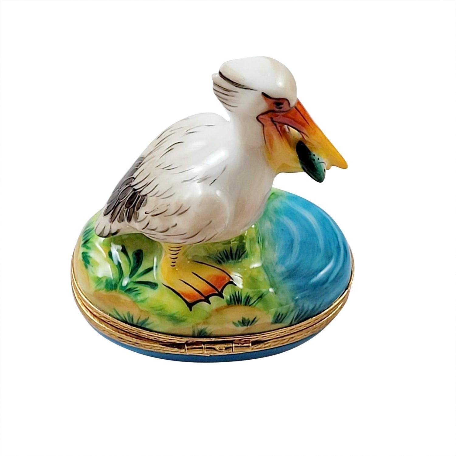Pelican with Removable Fish Porcelain Limoges bird ocean beach French Trinket Box
