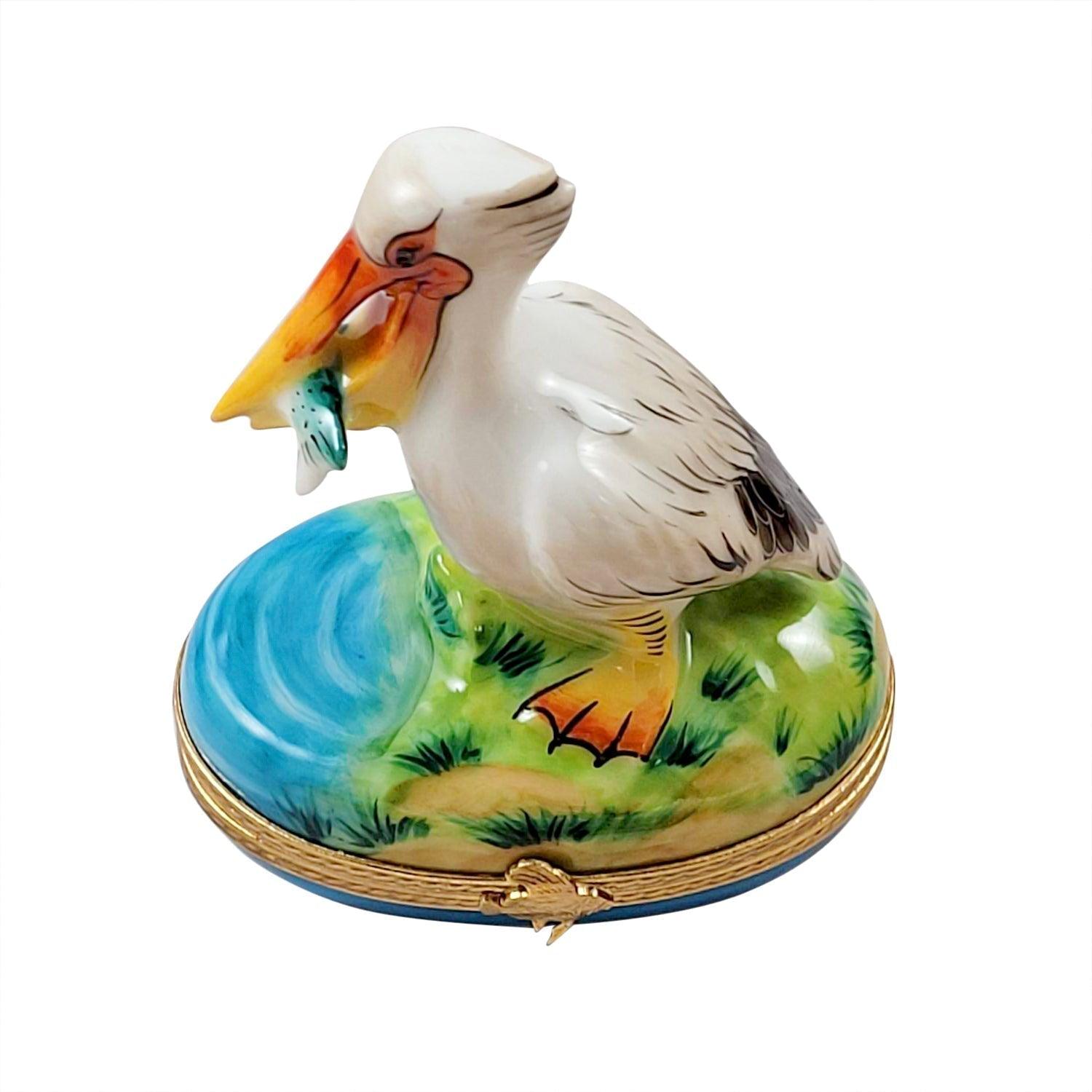 Pelican with Removable Fish Porcelain Limoges bird ocean beach French Trinket Box
