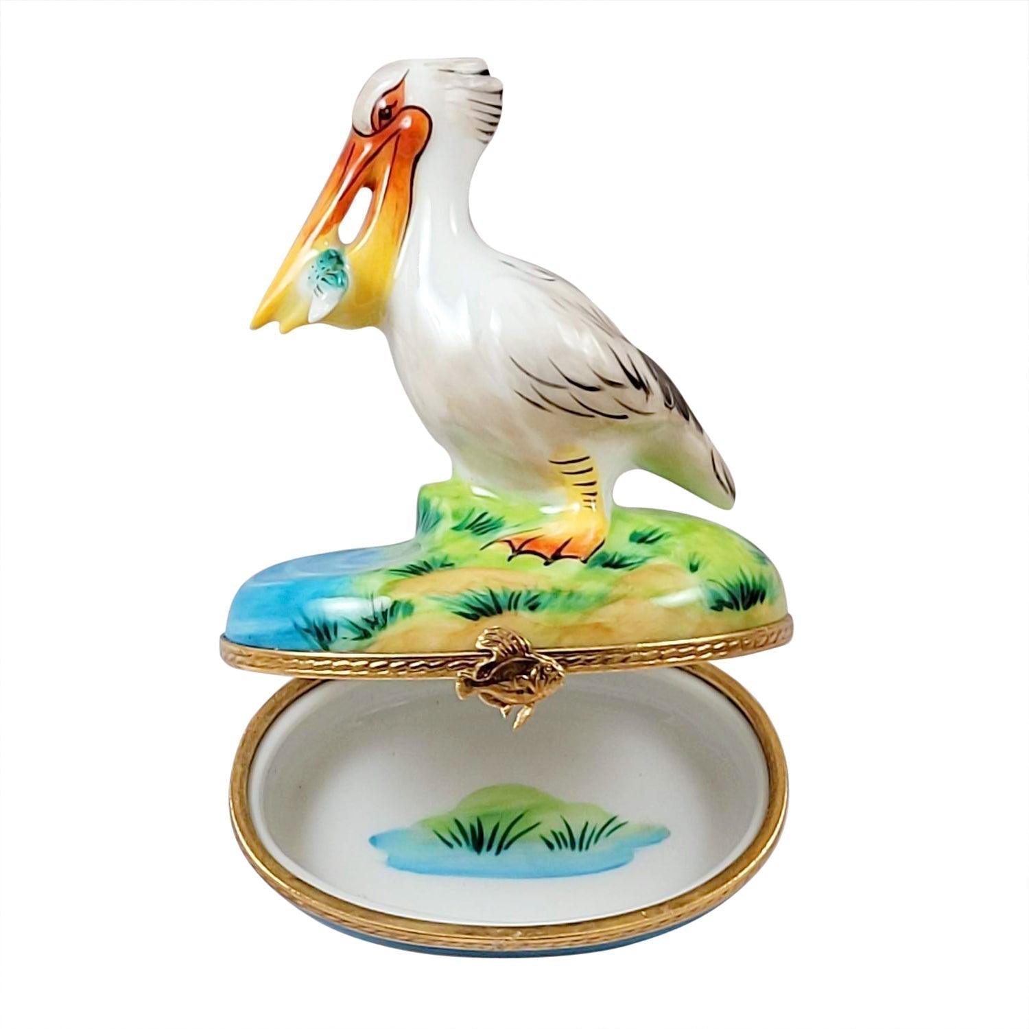 Pelican with Removable Fish Porcelain Limoges bird ocean beach French Trinket Box