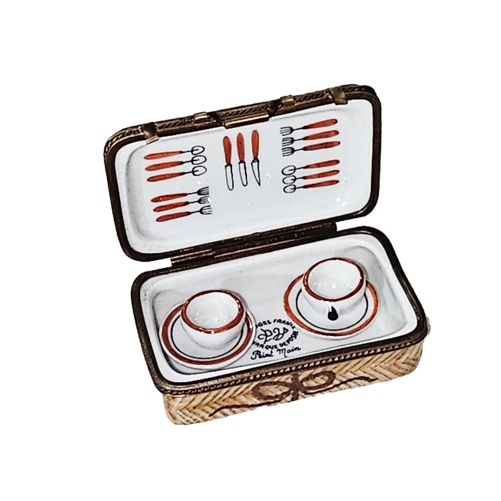 Picnic Basket with Teacups Porcelain Limoges Basket Beach Summer French Trinket Box