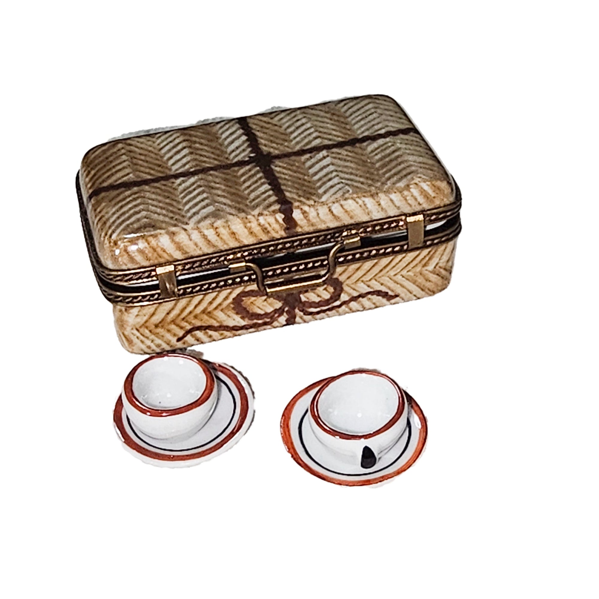 Picnic Basket with Teacups Porcelain Limoges Basket Beach Summer French Trinket Box