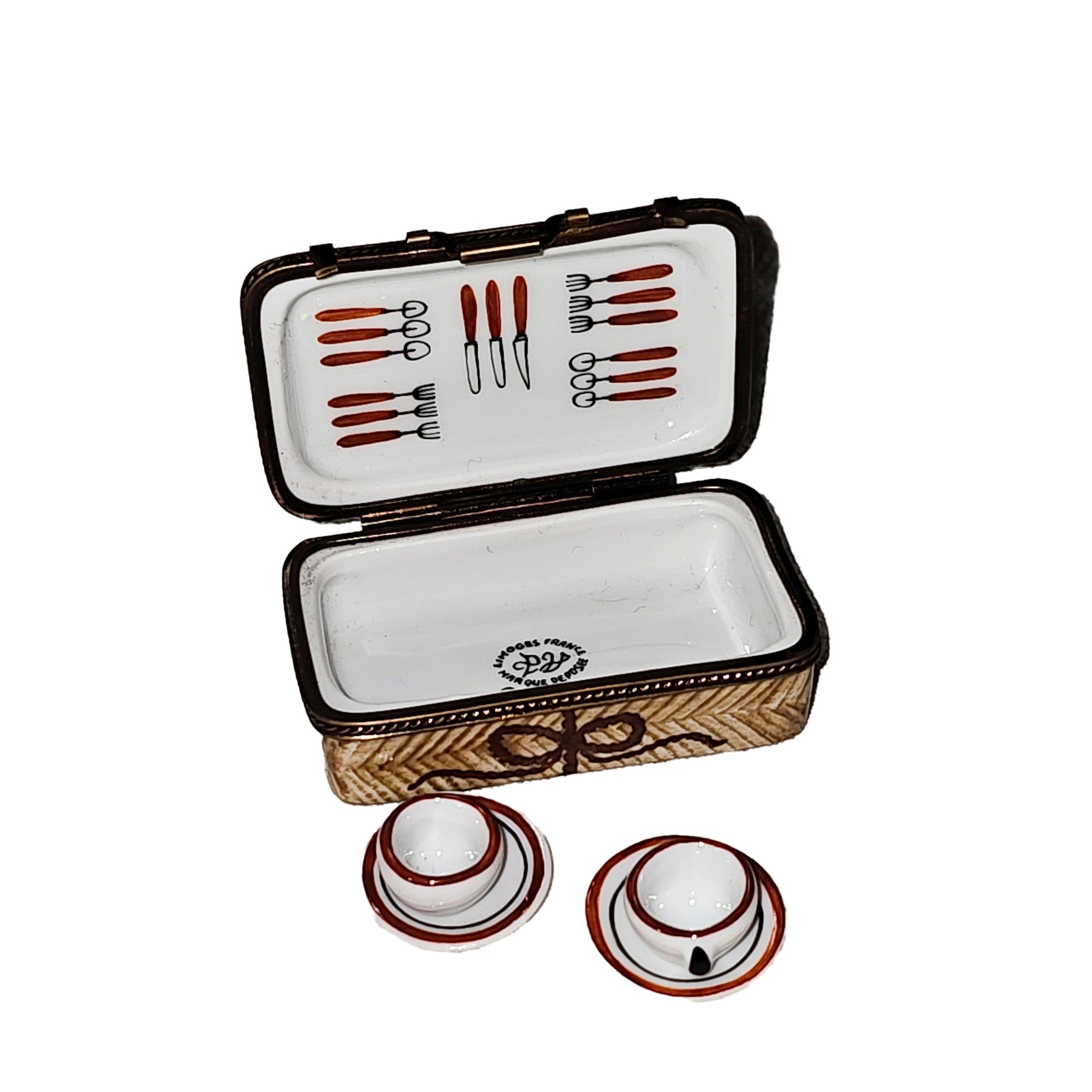 Picnic Basket with Teacups Porcelain Limoges Basket Beach Summer French Trinket Box