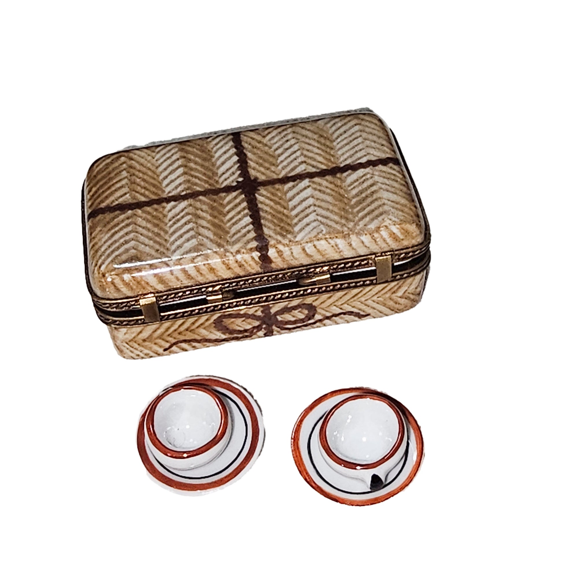 Picnic Basket with Teacups Porcelain Limoges Basket Beach Summer French Trinket Box