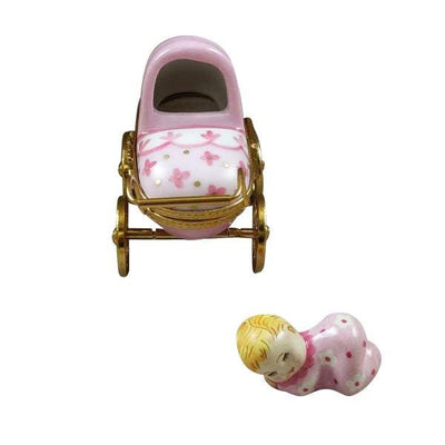 Pink Baby Carriage Porcelain Limoges Babies Figurine French Trinket Box