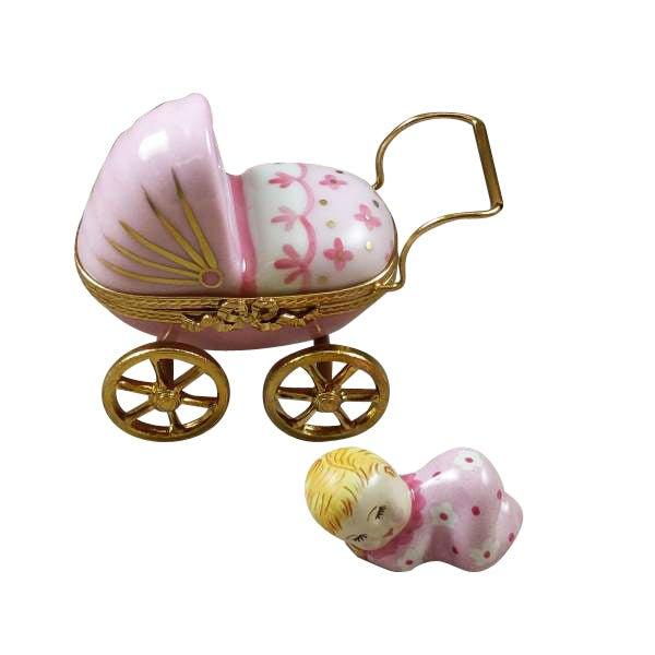 Pink Baby Carriage Porcelain Limoges Babies Figurine French Trinket Box