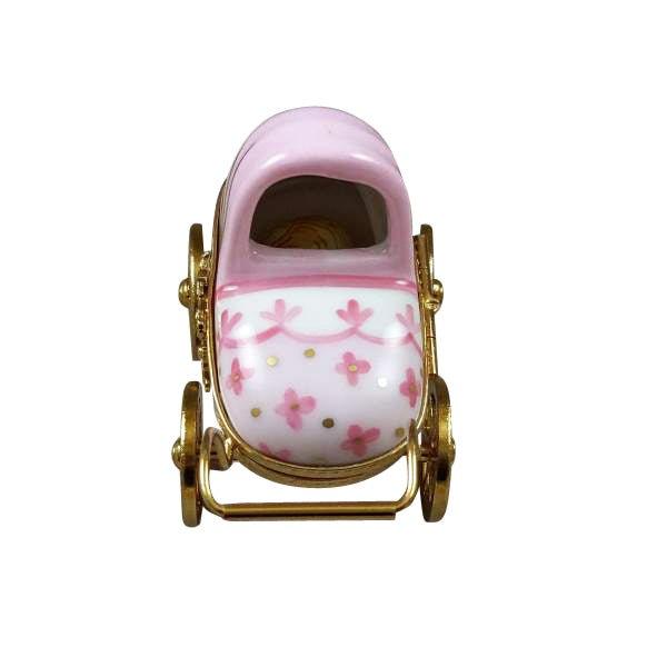 Pink Baby Carriage Porcelain Limoges Babies Figurine French Trinket Box