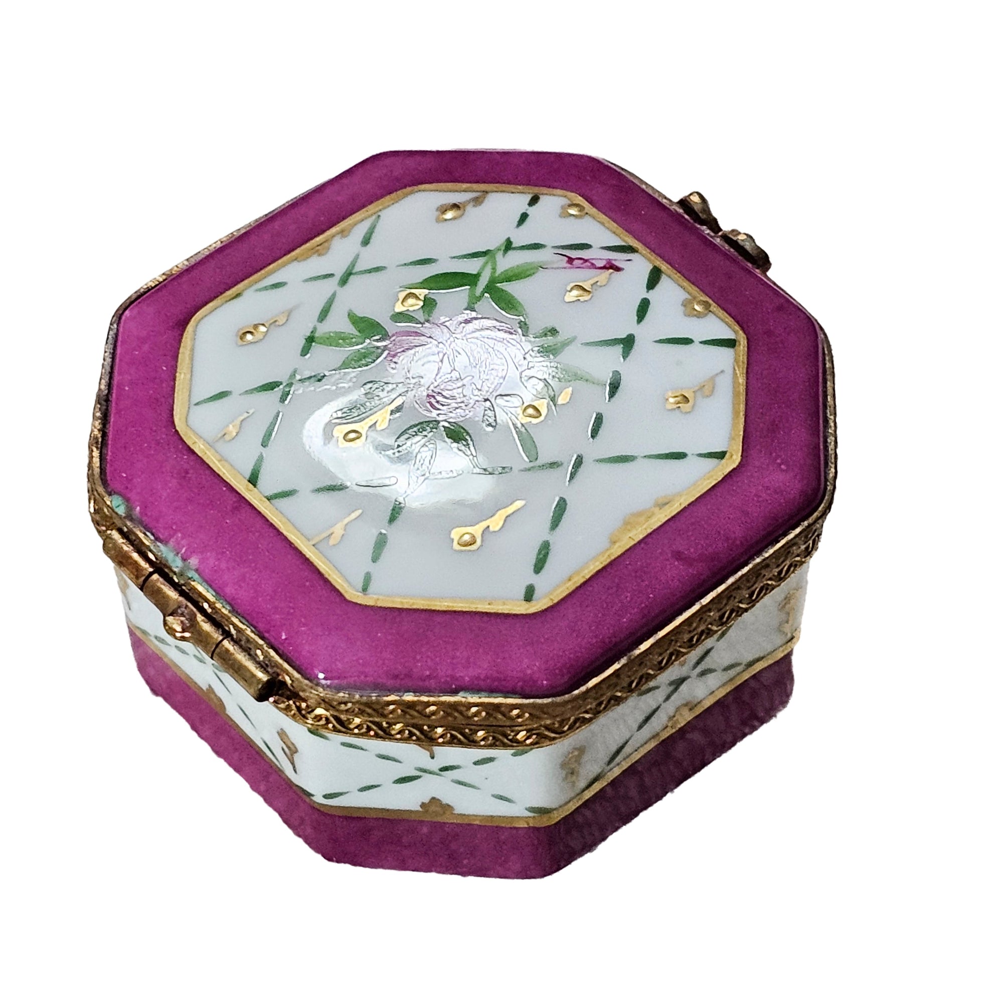 Pink Floral Hexagon Limoges Box Porcelain Limoges traditional French Trinket Box