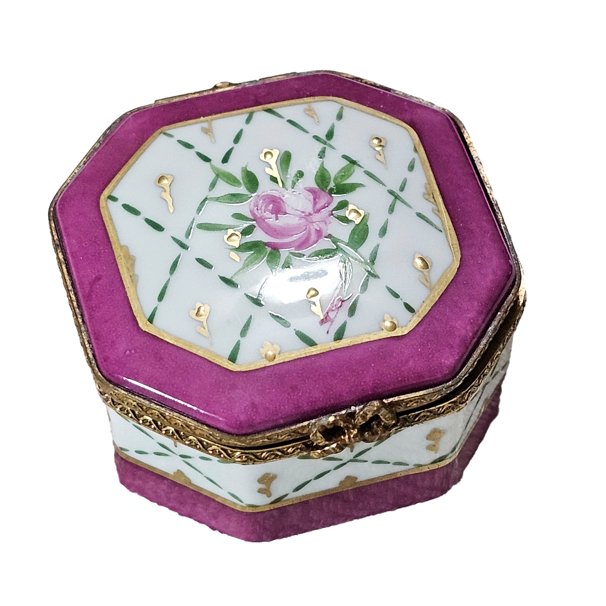 Pink Floral Hexagon Limoges Box Porcelain Limoges traditional French Trinket Box