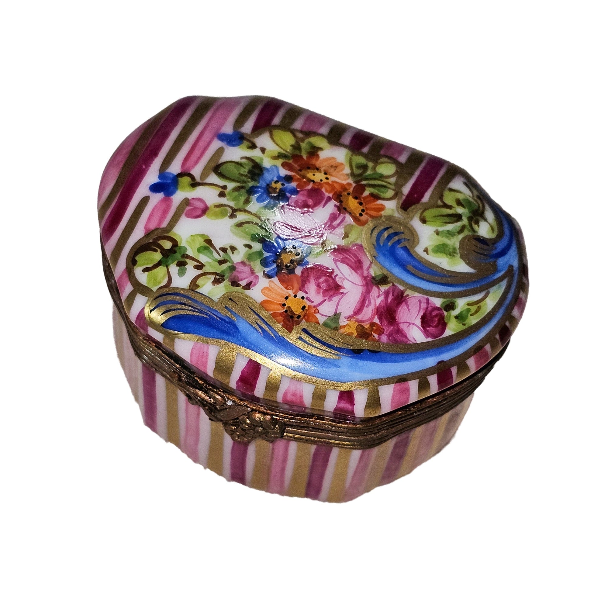 Pink Floral Striped Limoges Box Porcelain Limoges Traditional French Trinket Box