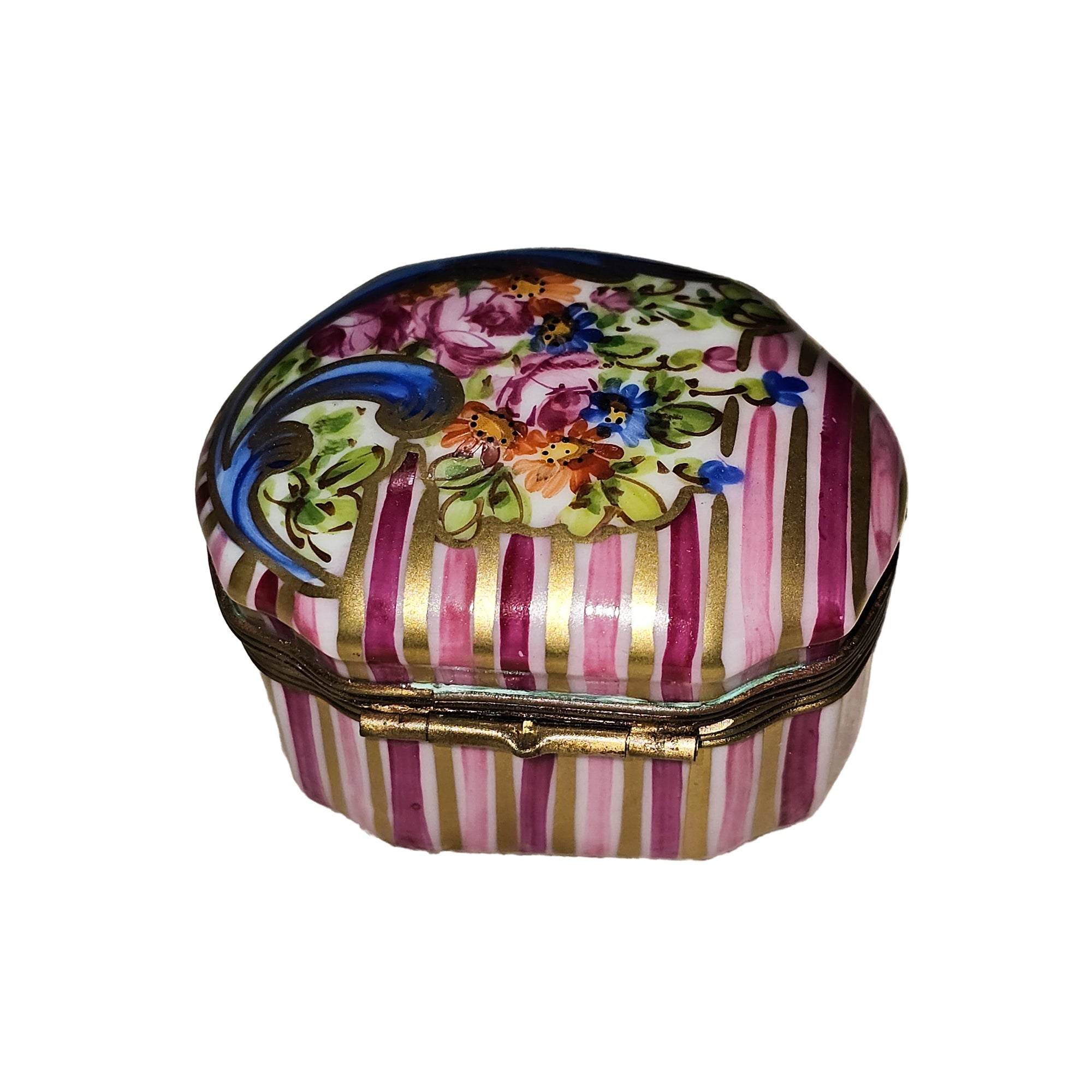 Pink Floral Striped Limoges Box Porcelain Limoges Traditional French Trinket Box