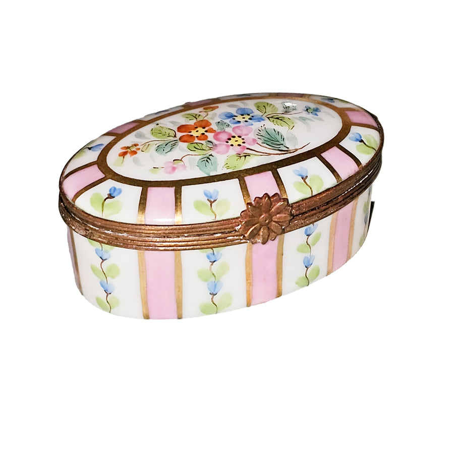 Pink Floral Striped Limoges Box Porcelain Limoges traditional French Trinket Box
