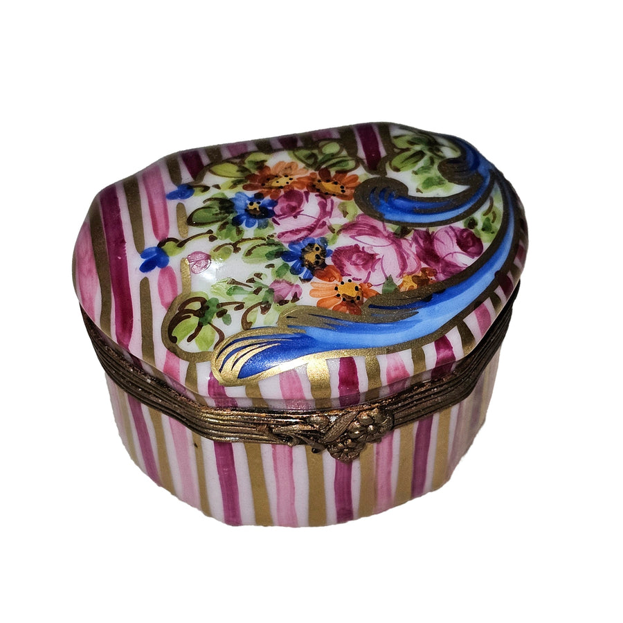 Pink Floral Striped Limoges Box Porcelain Limoges Traditional French Trinket Box