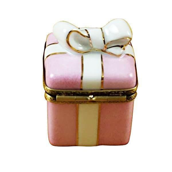 Pink Gift Wrapped with Gold Ribbon Porcelain Limoges birthday present gift special occasions French Trinket Box