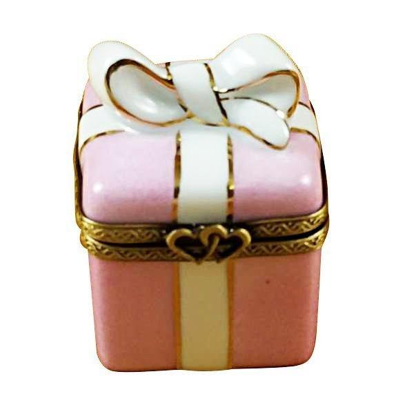 Pink Gift Wrapped with Gold Ribbon Porcelain Limoges birthday present gift special occasions French Trinket Box