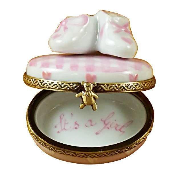 Pink It's A Girl with Shoes Porcelain Limoges baby maternity French Trinket Box