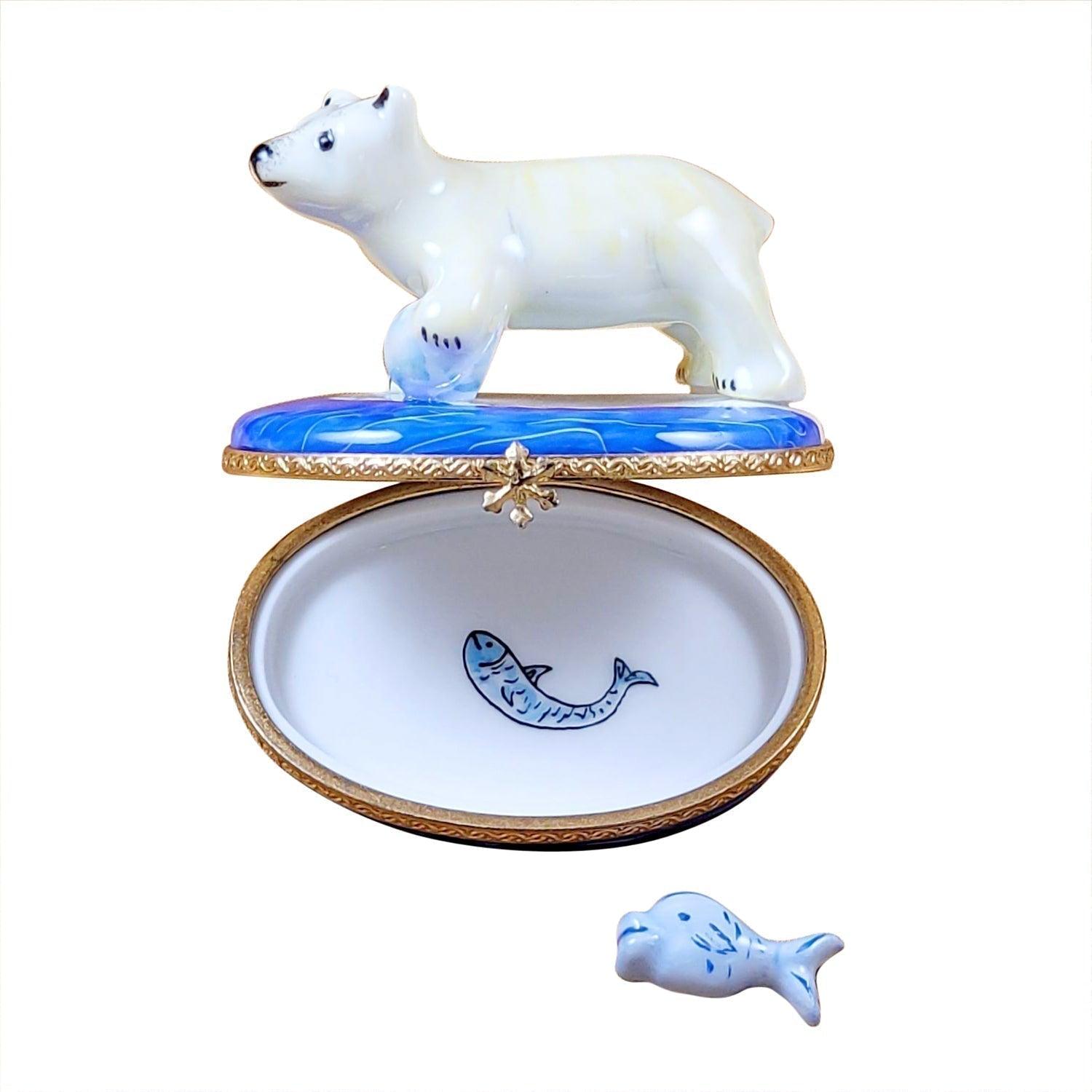 Polar Bear with Fish Porcelain Limoges bear wild animals winter French Trinket Box