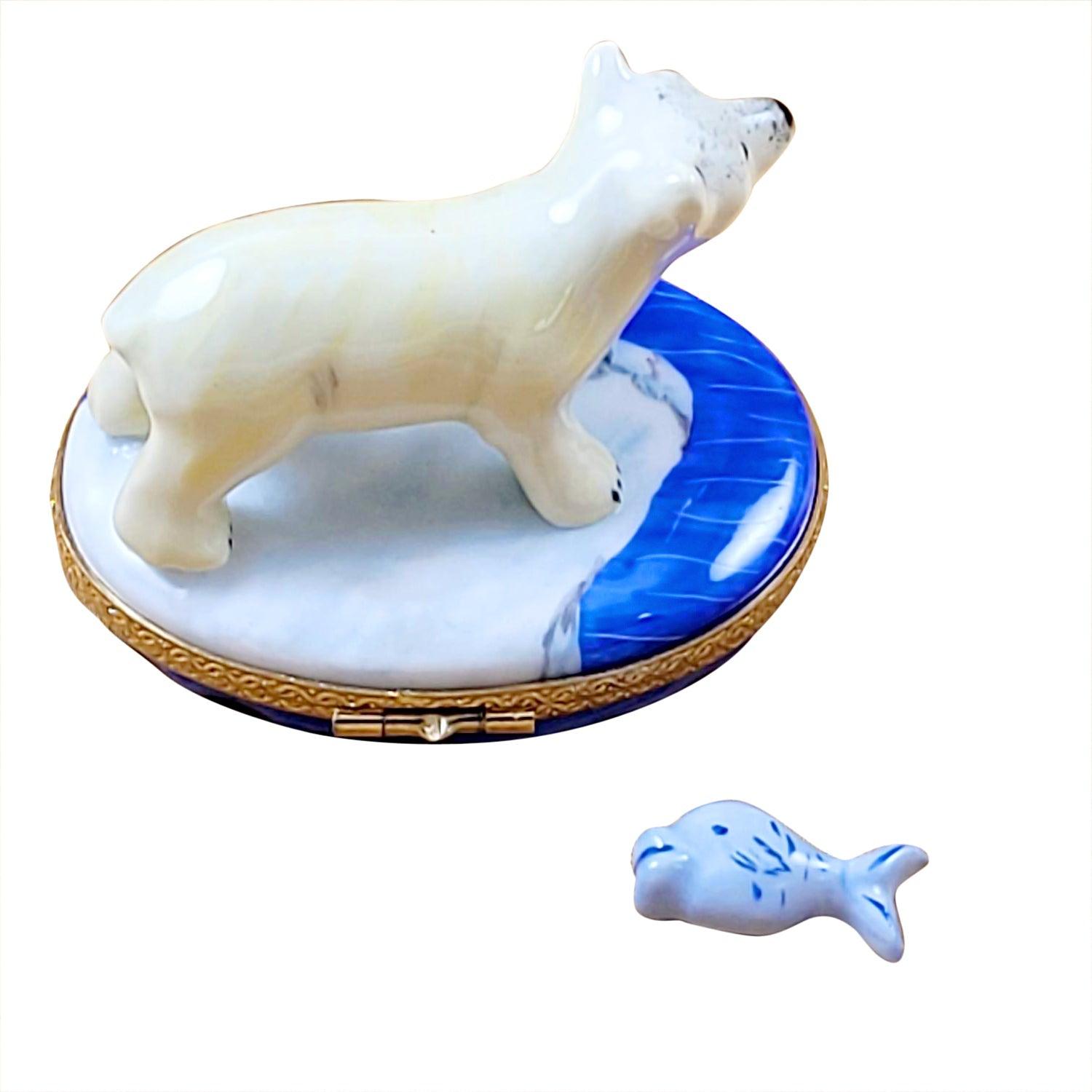 Polar Bear with Fish Porcelain Limoges bear wild animals winter French Trinket Box
