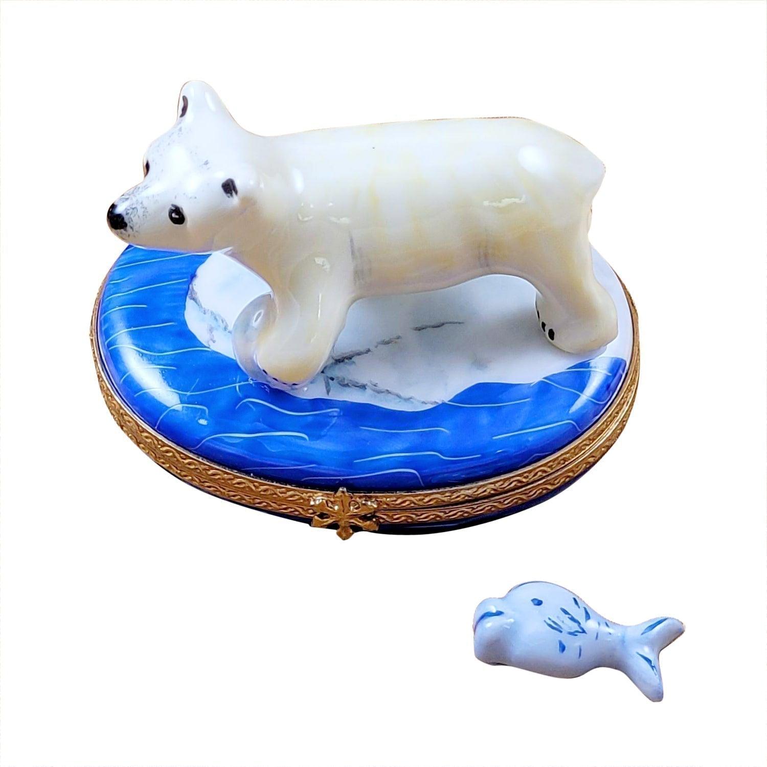 Polar Bear with Fish Porcelain Limoges bear wild animals winter French Trinket Box