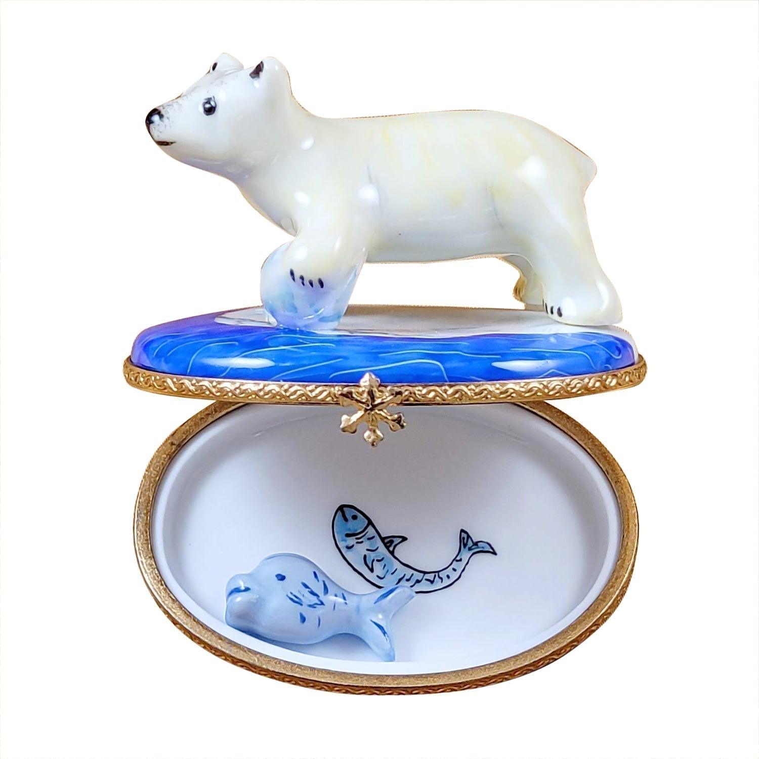 Polar Bear with Fish Porcelain Limoges bear wild animals winter French Trinket Box