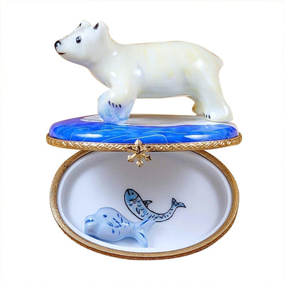 Polar Bear with Fish Porcelain Limoges bear wild animals winter French Trinket Box