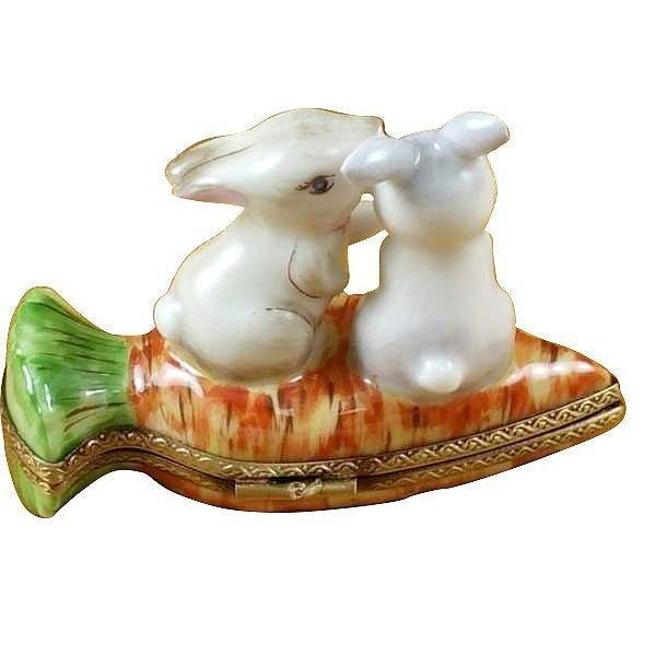 Rabbits Snuggling on Carrot Porcelain Limoges Rabbit French Trinket Box