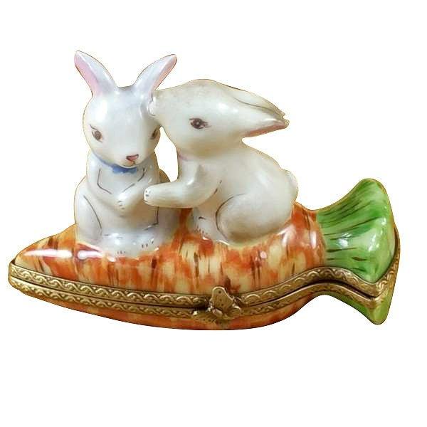 Rabbits Snuggling on Carrot Porcelain Limoges Rabbit French Trinket Box