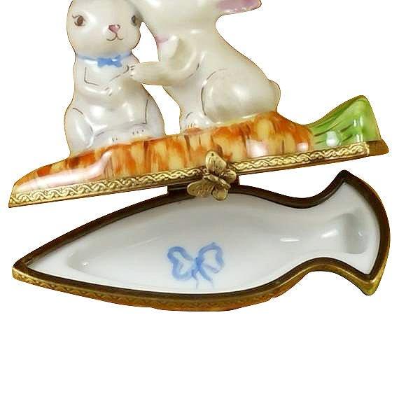 Rabbits Snuggling on Carrot Porcelain Limoges Rabbit French Trinket Box