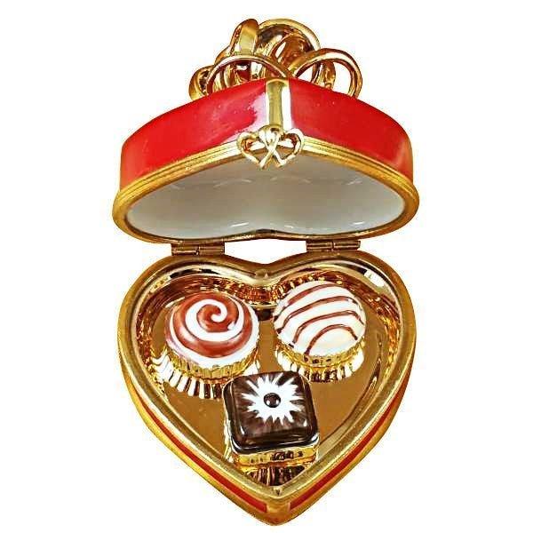 Red Heart Gold Bow with Truffle Porcelain Limoges valentine heart dessert French Trinket Box