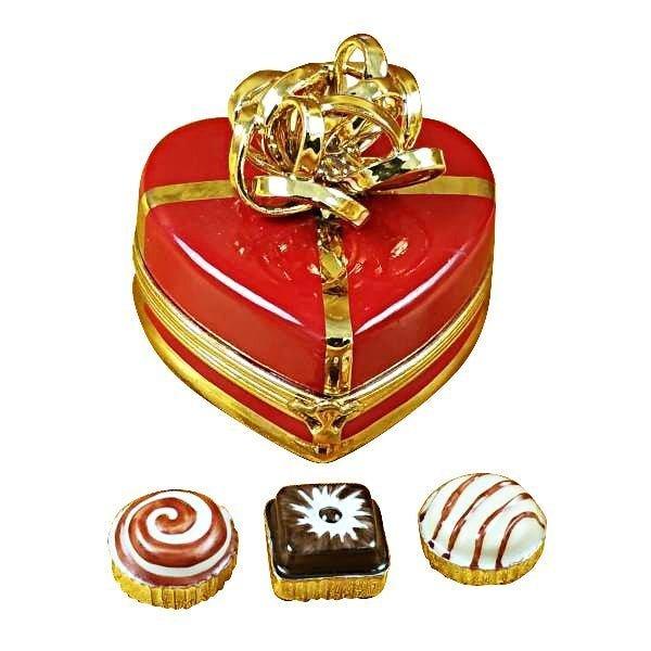 Red Heart Gold Bow with Truffle Porcelain Limoges valentine heart dessert French Trinket Box