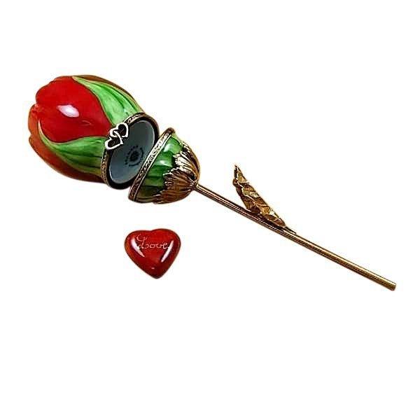 Red Rose with Gold Stem Love Heart Porcelain Limoges valentine heart love garden flowers French Trinket Box