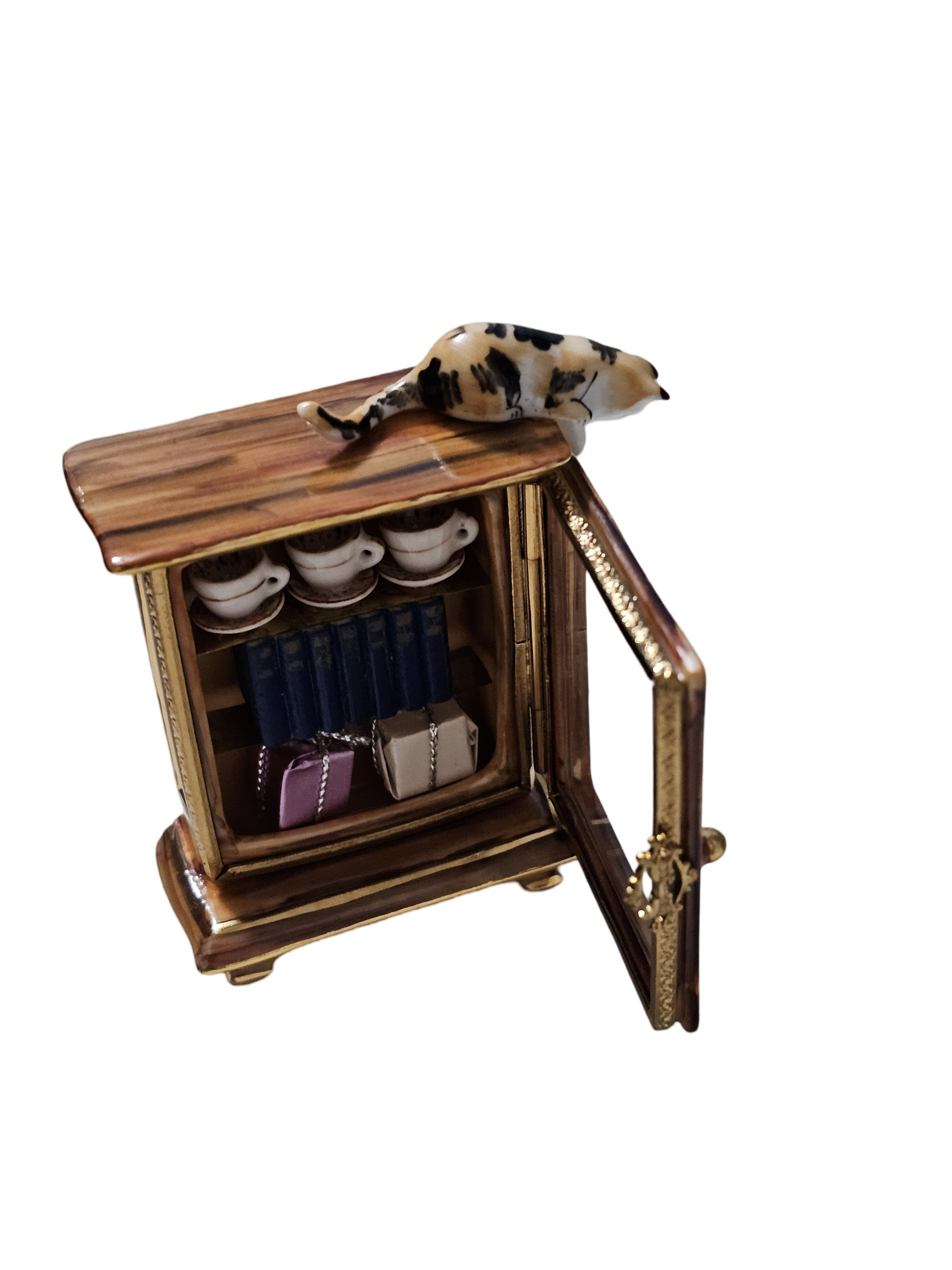 Cat-Topped Armoire Cabinet Delight Porcelain Limoges Cat furniture French Trinket Box