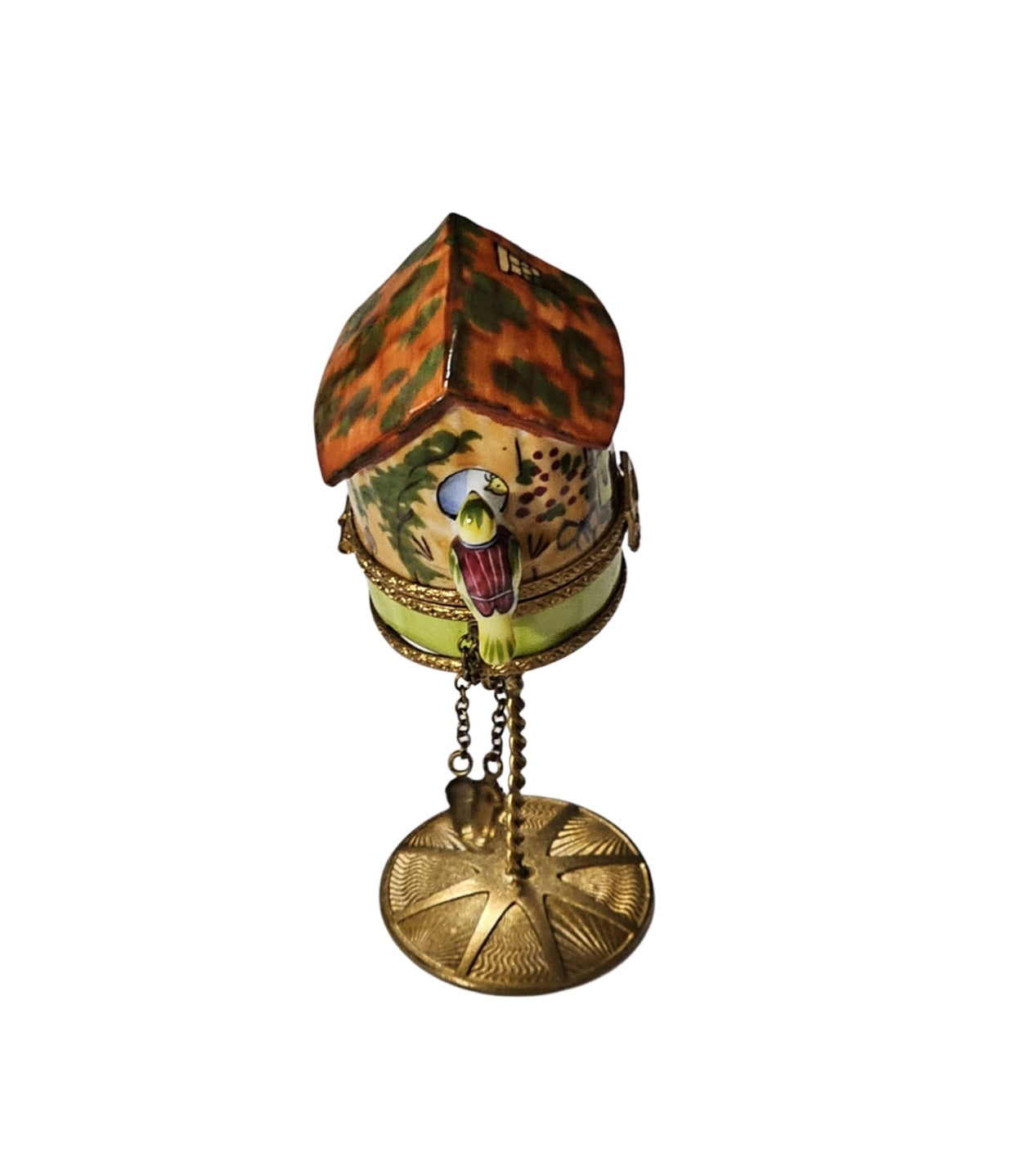 Charming Orange Birdhouse Display Porcelain Limoges bird garden French Trinket Box