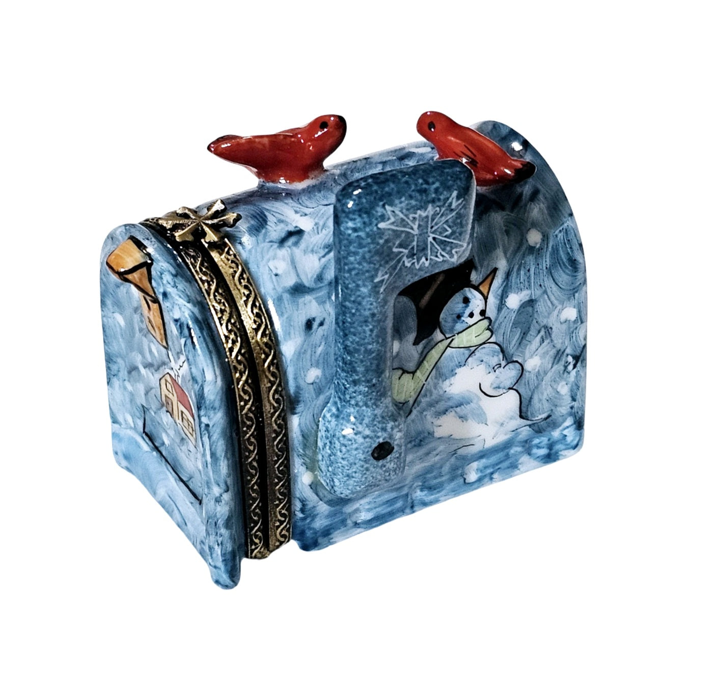 Winter Mailbox With Cardinals Porcelain Limoges winter garden house xmas French Trinket Box