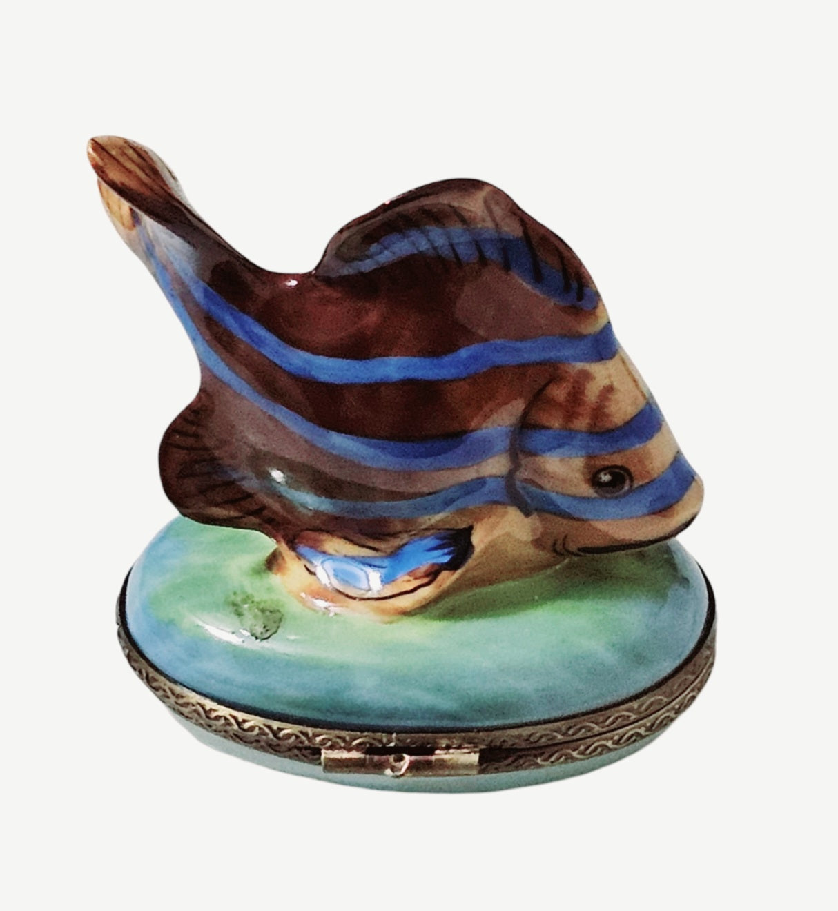 Brown Fish With Blue Stripes Porcelain Limoges Ocean beach fish French Trinket Box