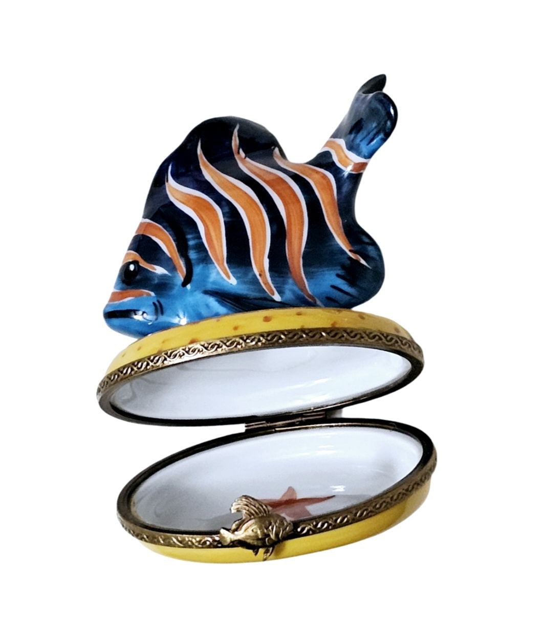 Blue Fish with Orange Stripes Porcelain Limoges Ocean beach fish French Trinket Box